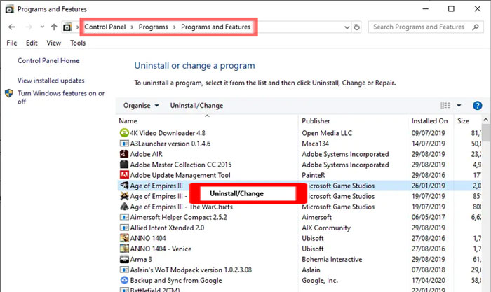 UnInstall Change Program Windows 10